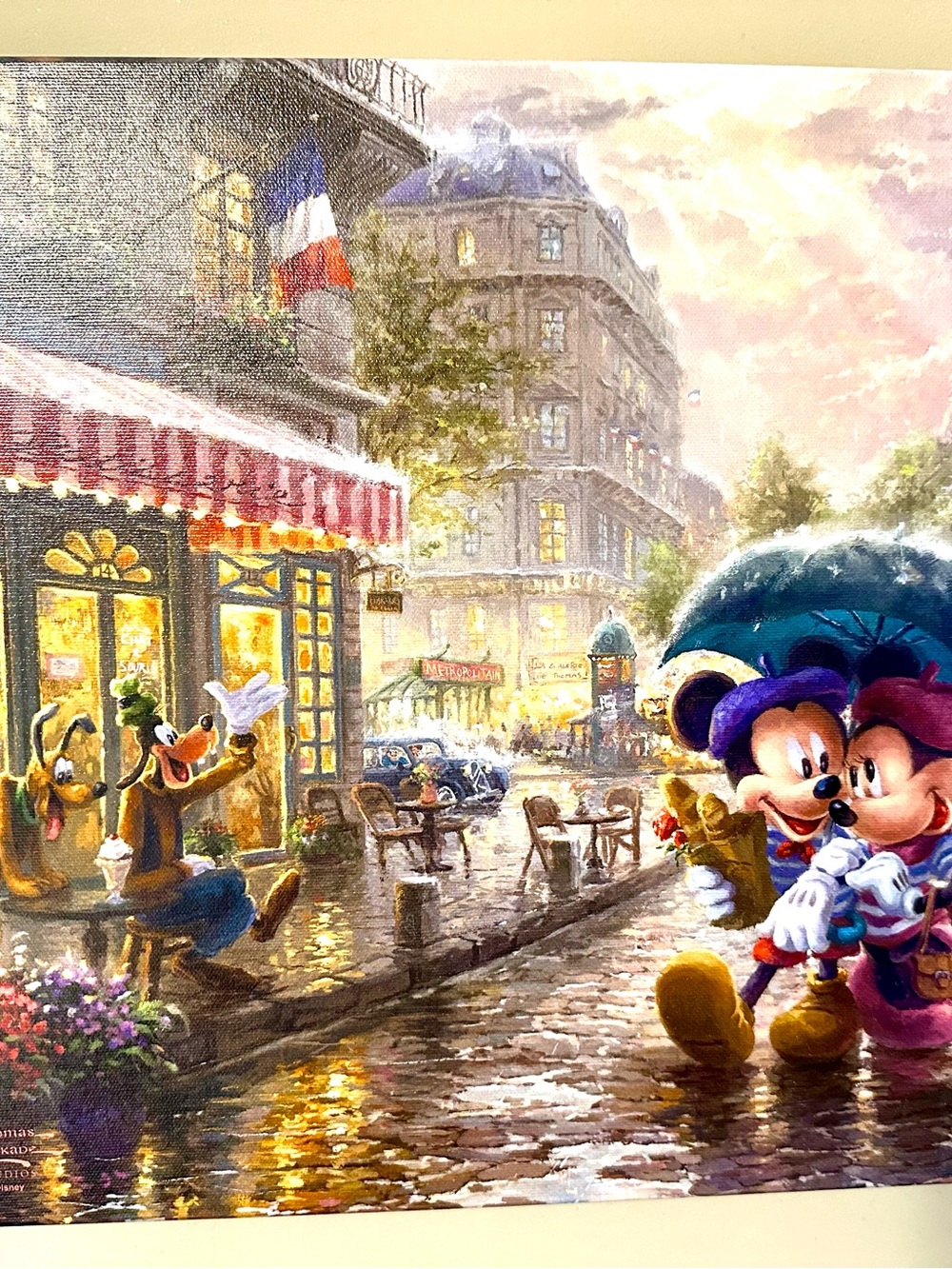 Disney Mickey & Minnie Parisian Paris Rainy Evening Canvas- 14x14 Thomas Kinkade